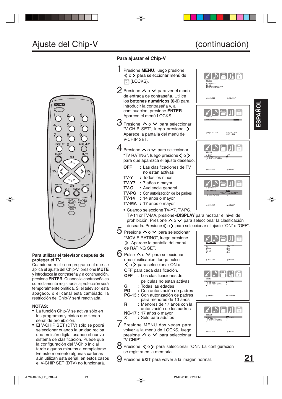 Ajuste del chip-v (continuación), Esp a ñ ol, Para ajustar el chip-v | Zenith J3W41321A User Manual | Page 59 / 76