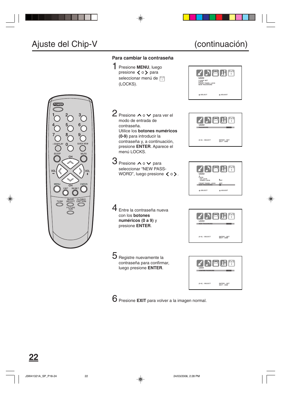 Ajuste del chip-v (continuación), Para cambiar la contraseña | Zenith J3W41321A User Manual | Page 60 / 76