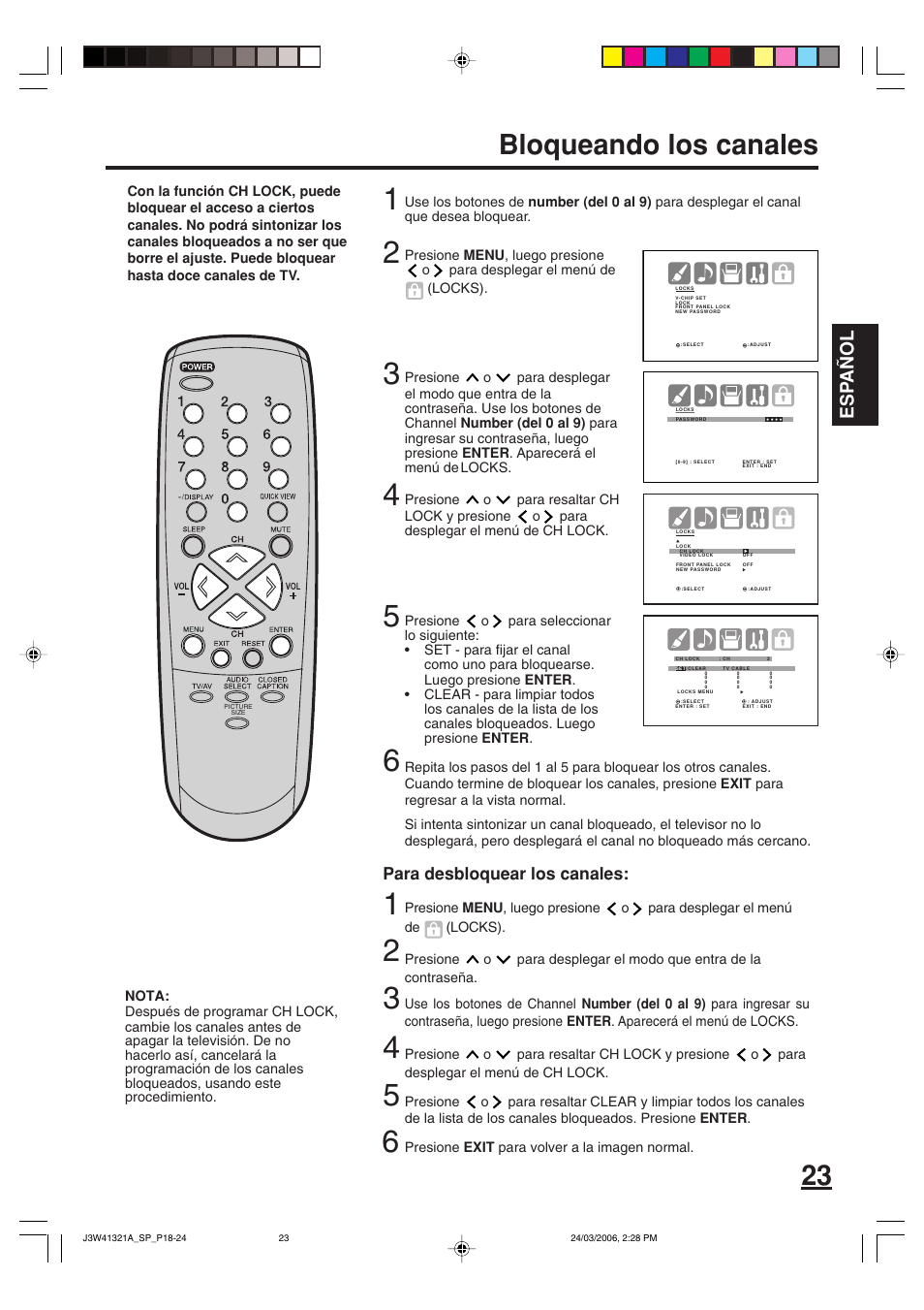 Bloqueando los canales, Esp a ñ ol, Para desbloquear los canales | Zenith J3W41321A User Manual | Page 61 / 76