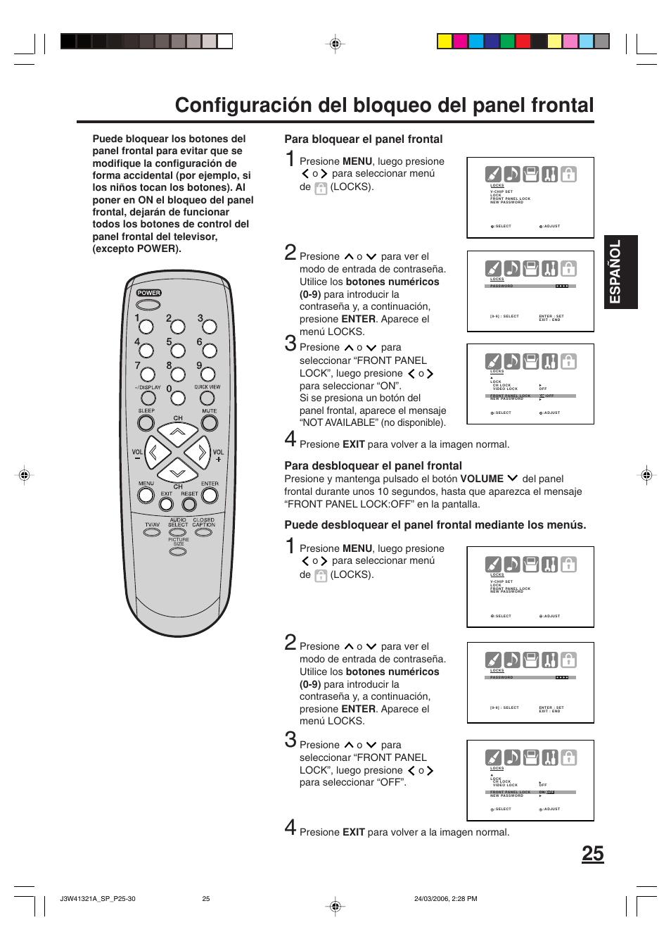 Configuración del bloqueo del panel frontal, Esp a ñ ol, Para bloquear el panel frontal | Para desbloquear el panel frontal | Zenith J3W41321A User Manual | Page 63 / 76