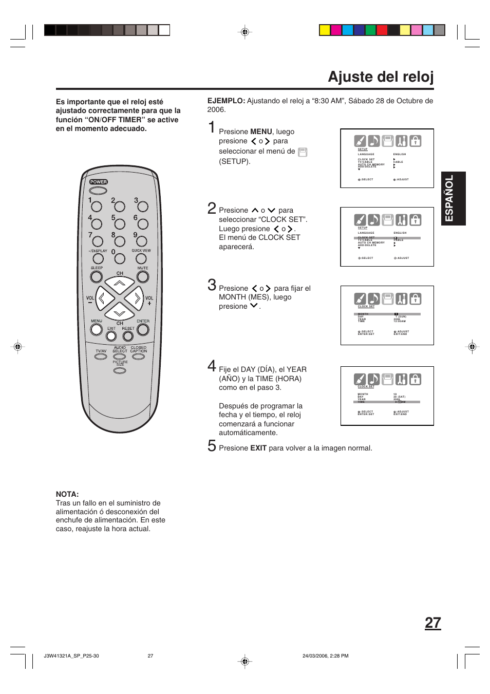 Ajuste del reloj, Esp a ñ ol | Zenith J3W41321A User Manual | Page 65 / 76