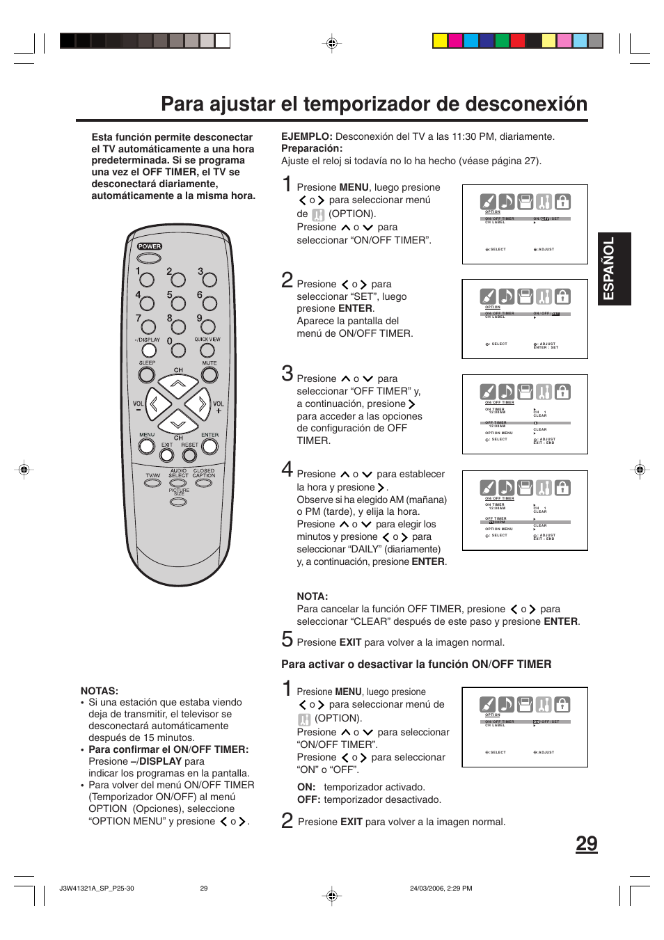 Para ajustar el temporizador de desconexión, Esp a ñ ol, Para activar o desactivar la función on/off timer | Zenith J3W41321A User Manual | Page 67 / 76