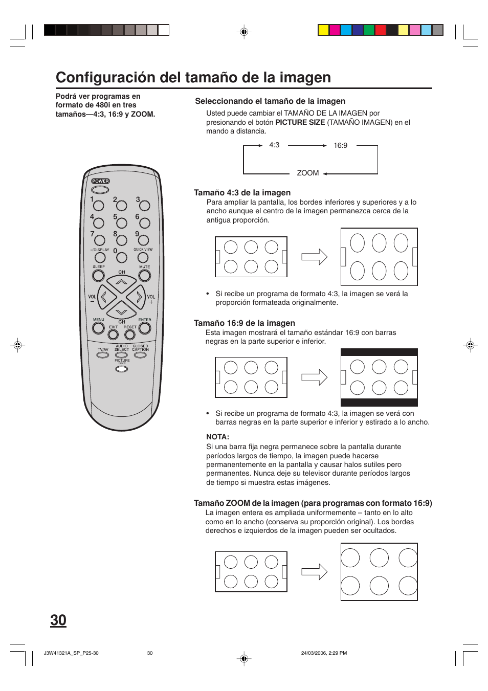 Configuración del tamaño de la imagen | Zenith J3W41321A User Manual | Page 68 / 76