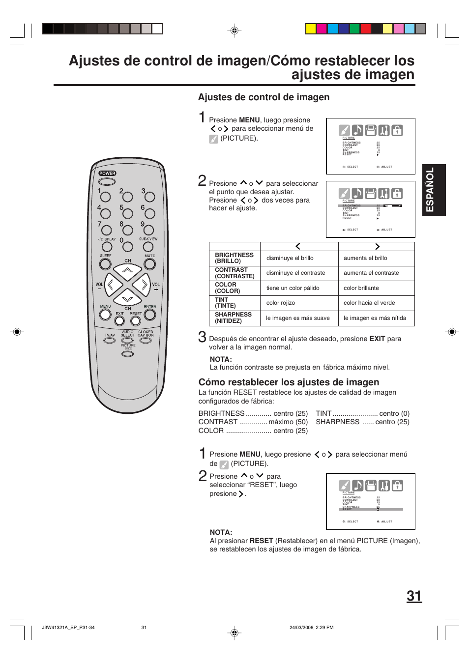 Esp a ñ ol, Ajustes de control de imagen, Cómo restablecer los ajustes de imagen | Zenith J3W41321A User Manual | Page 69 / 76