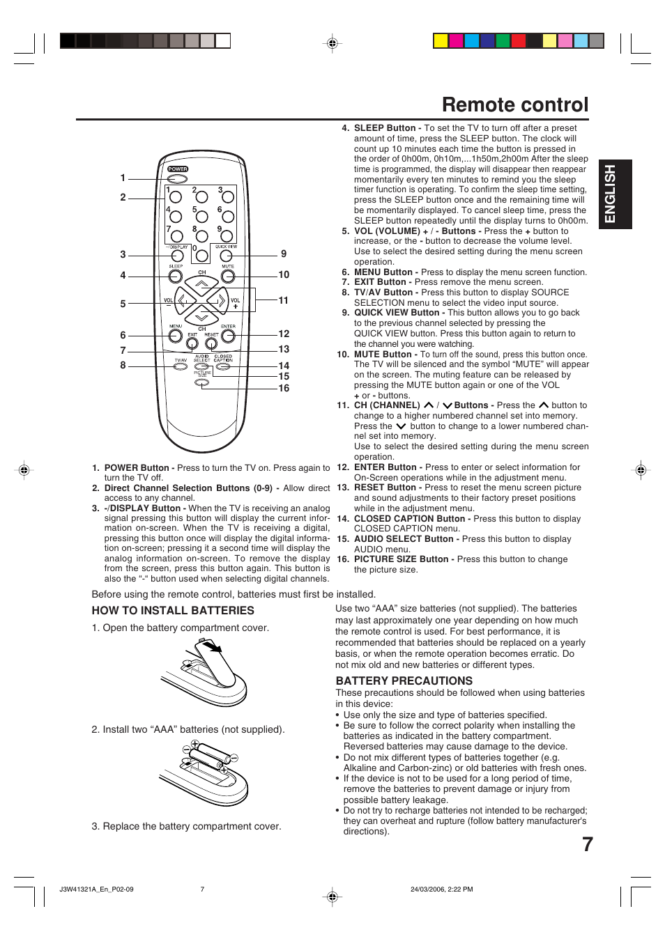 Remote control, English | Zenith J3W41321A User Manual | Page 7 / 76