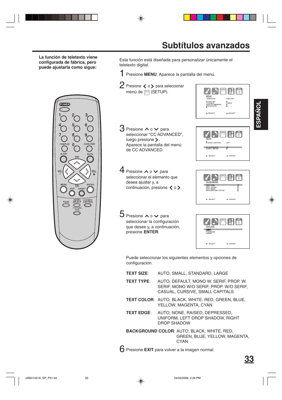 Subtítulos avanzados, Esp a ñ ol | Zenith J3W41321A User Manual | Page 71 / 76