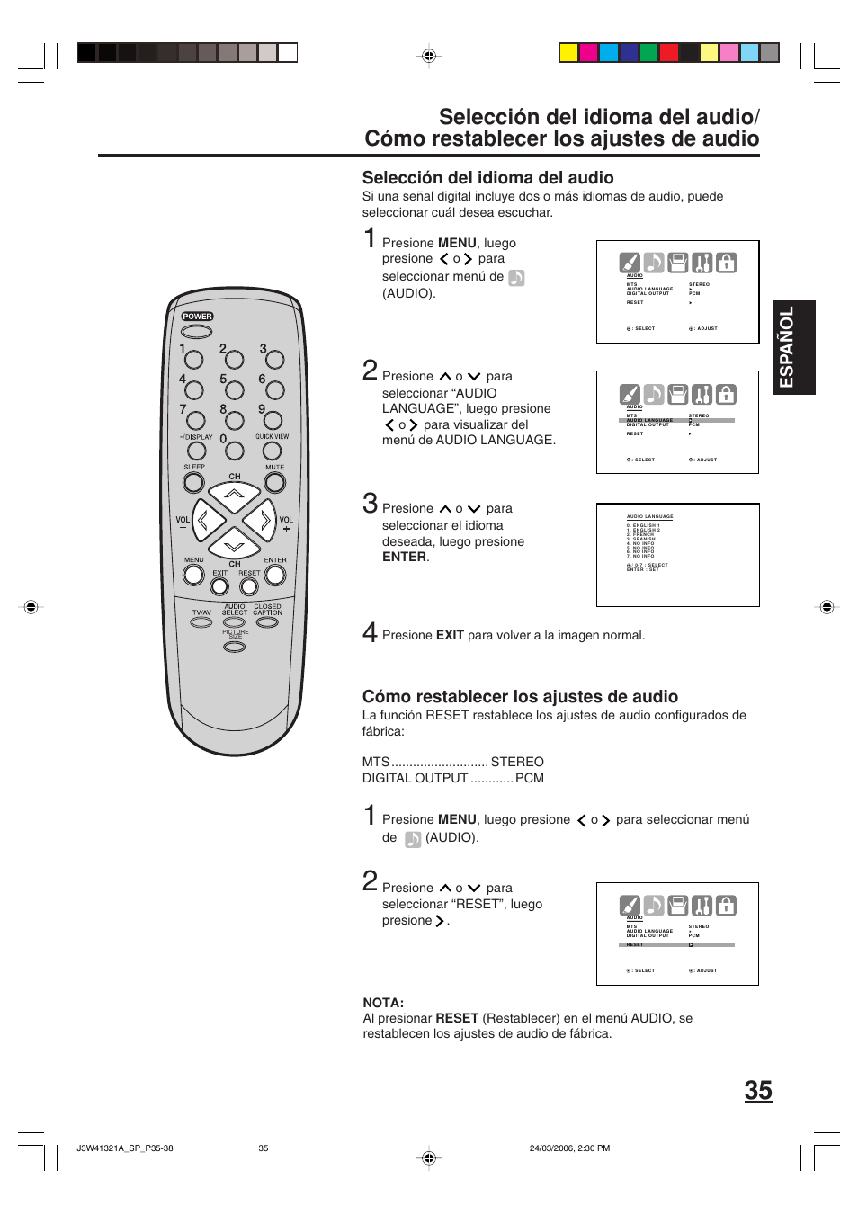 Esp a ñ ol, Selección del idioma del audio, Cómo restablecer los ajustes de audio | Zenith J3W41321A User Manual | Page 73 / 76