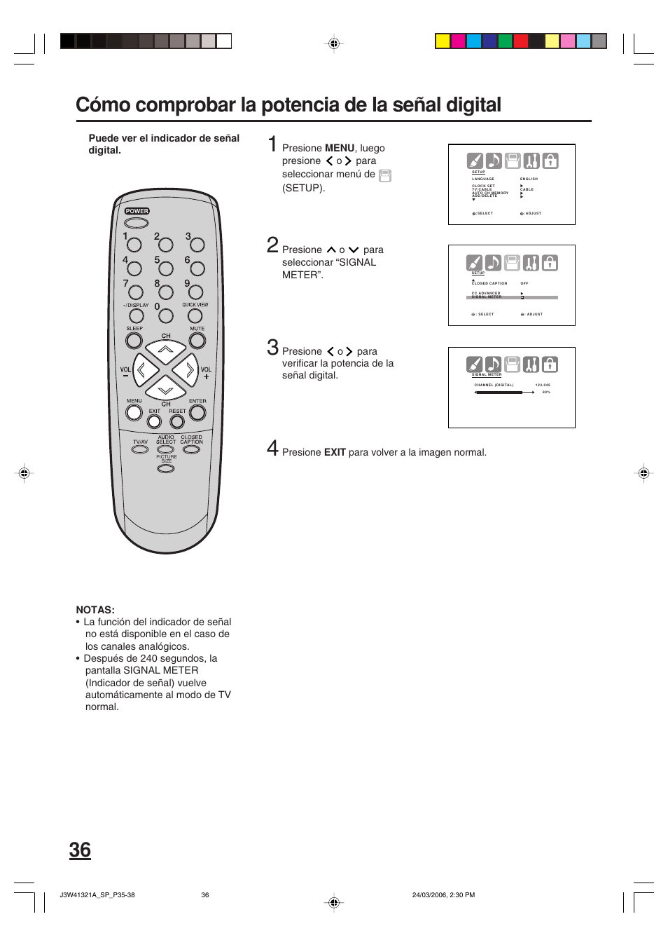 Cómo comprobar la potencia de la señal digital | Zenith J3W41321A User Manual | Page 74 / 76