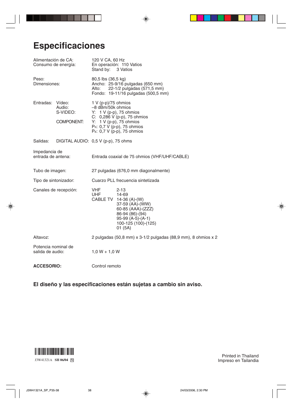 Especificaciones | Zenith J3W41321A User Manual | Page 76 / 76