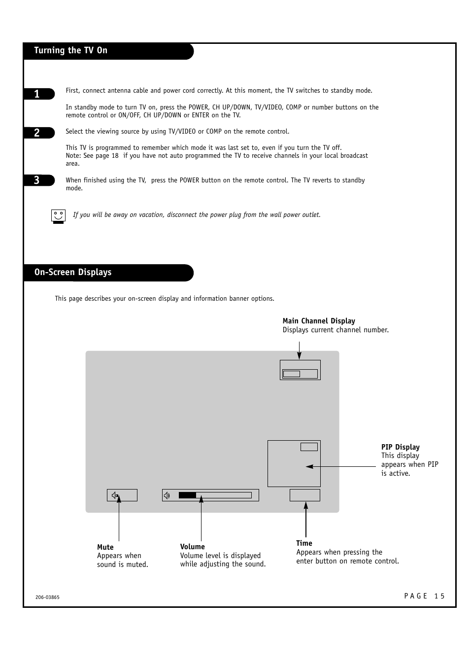 Turning the tv on on-screen displays | Zenith R49W36 User Manual | Page 15 / 60