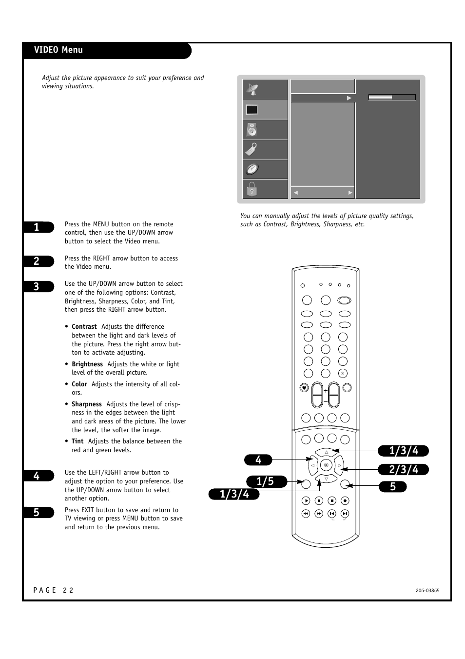 Video menu | Zenith R49W36 User Manual | Page 22 / 60