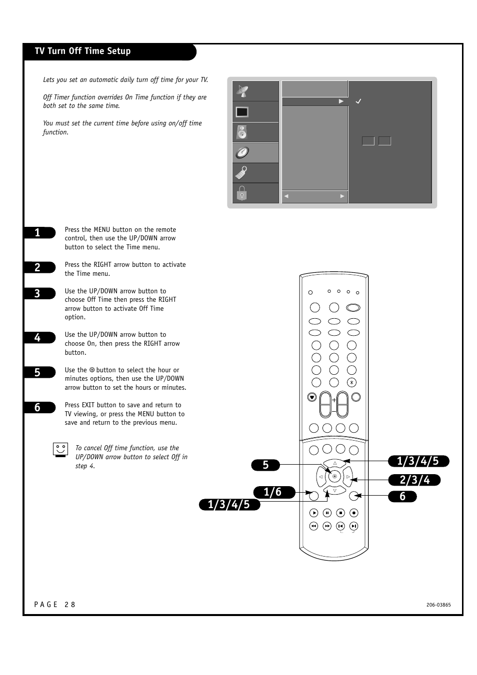 Tv turn off time setup | Zenith R49W36 User Manual | Page 28 / 60