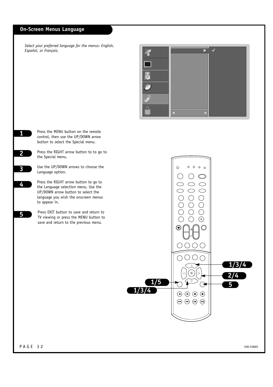 On-screen menus language | Zenith R49W36 User Manual | Page 32 / 60