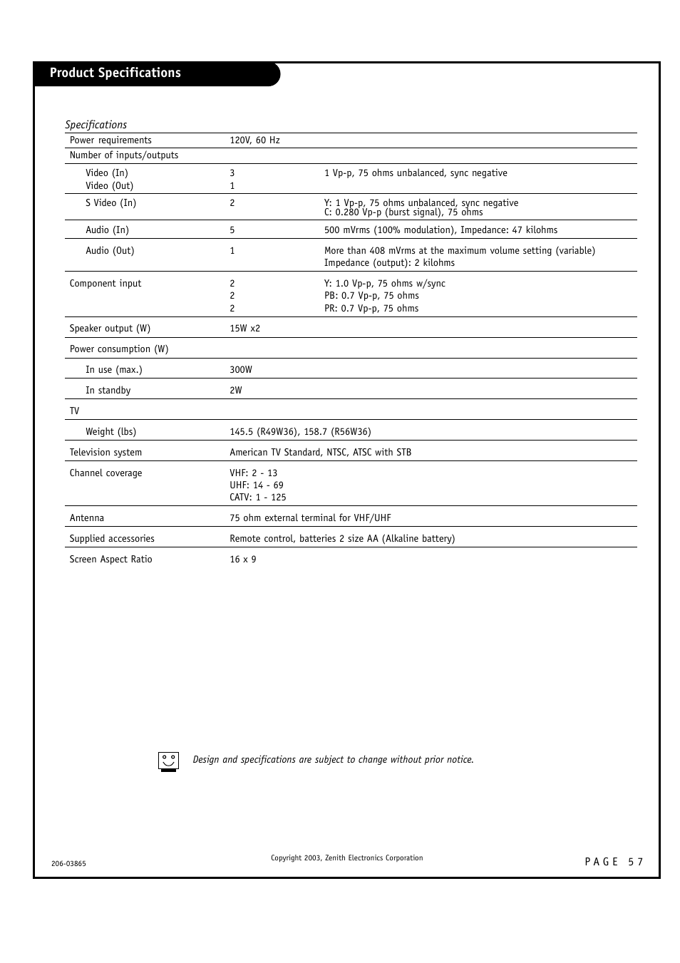 Product specifications | Zenith R49W36 User Manual | Page 57 / 60