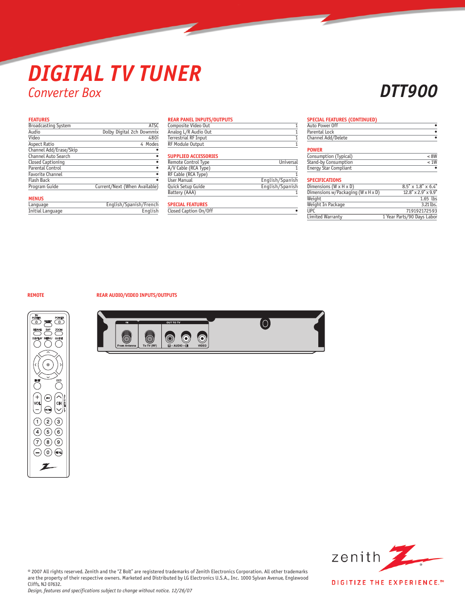 Digital tv tuner, Dtt900, Converter box | Zenith DTT900 User Manual | Page 2 / 2