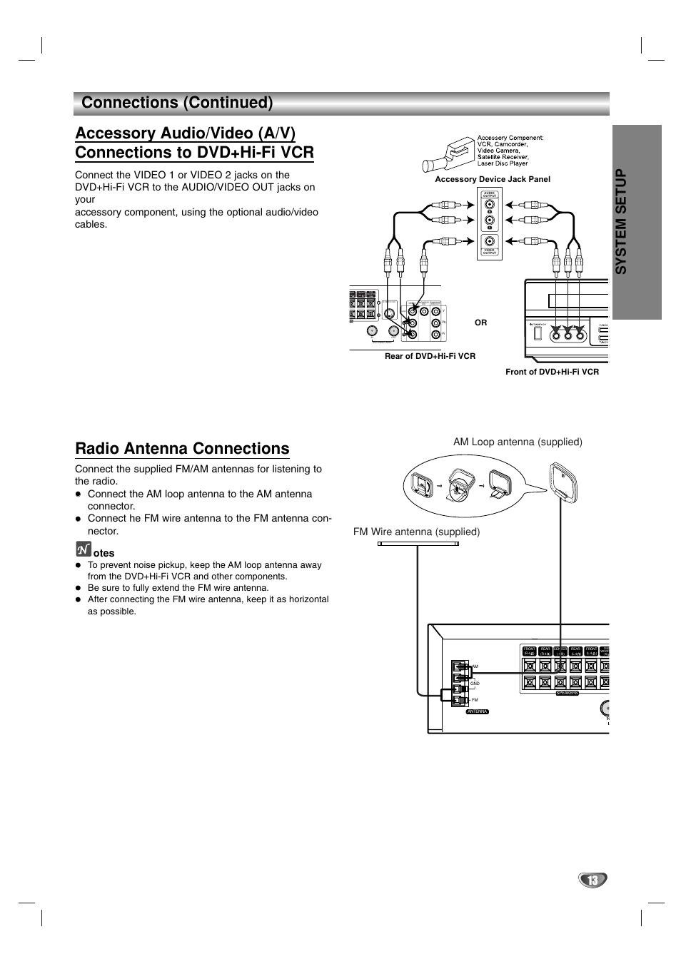 Radio antenna connections, System setup | Zenith XBS341 User Manual | Page 13 / 48