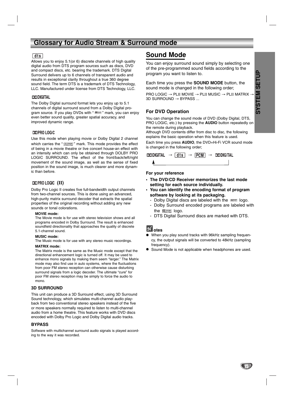 Glossary for audio stream & surround mode, Sound mode, System setup | Zenith XBS341 User Manual | Page 15 / 48