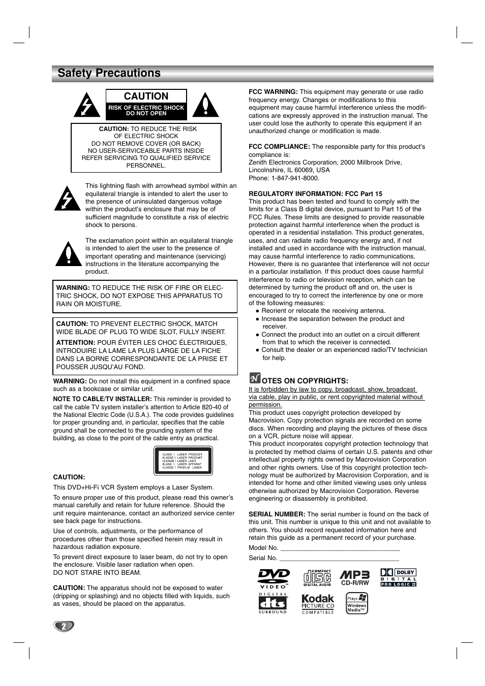 Safety precautions, Caution | Zenith XBS341 User Manual | Page 2 / 48