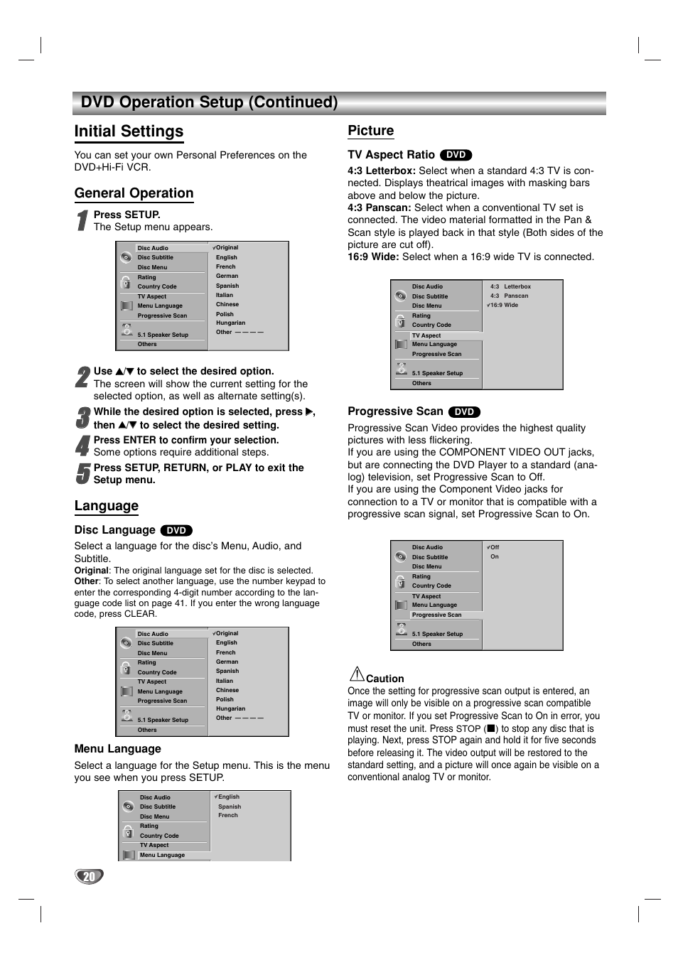 Dvd operation setup (continued) initial settings, General operation, Language | Picture, Disc language, Menu language, Tv aspect ratio, Progressive scan | Zenith XBS341 User Manual | Page 20 / 48