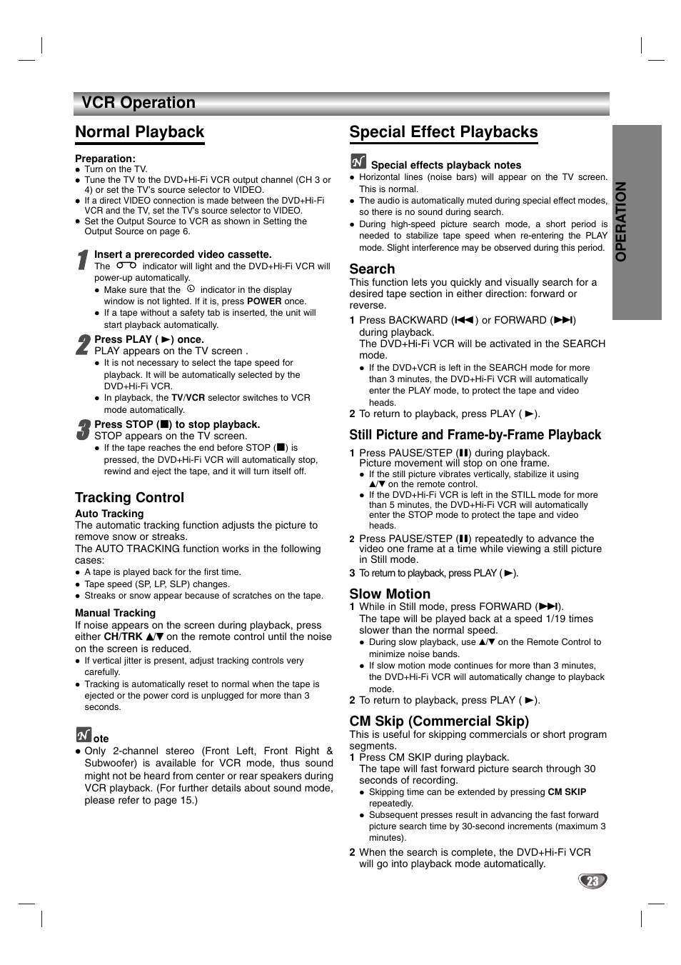 Vcr operation normal playback, Special effect playbacks, Opera tion | Tracking control, Search, Still picture and frame-by-frame playback, Slow motion, Cm skip (commercial skip) | Zenith XBS341 User Manual | Page 23 / 48