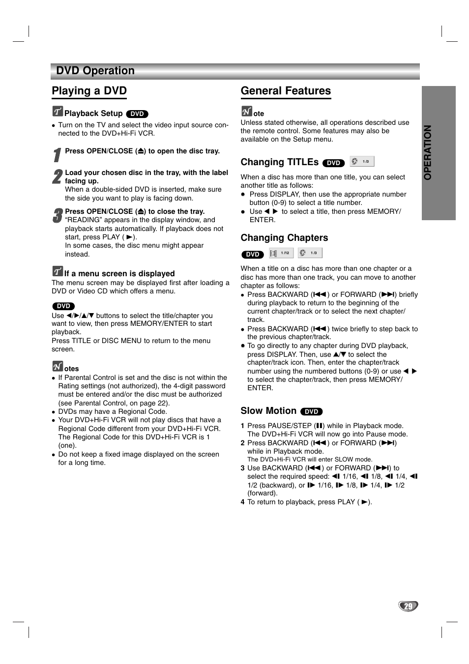 Dvd operation playing a dvd, General features | Zenith XBS341 User Manual | Page 29 / 48