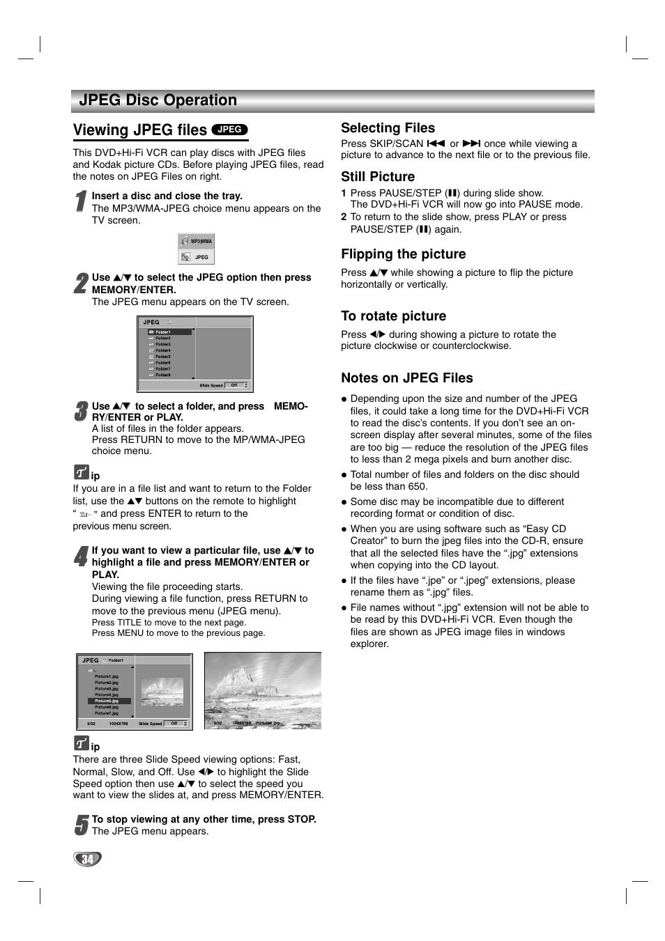 Viewing jpeg files, Jpeg disc operation | Zenith XBS341 User Manual | Page 34 / 48