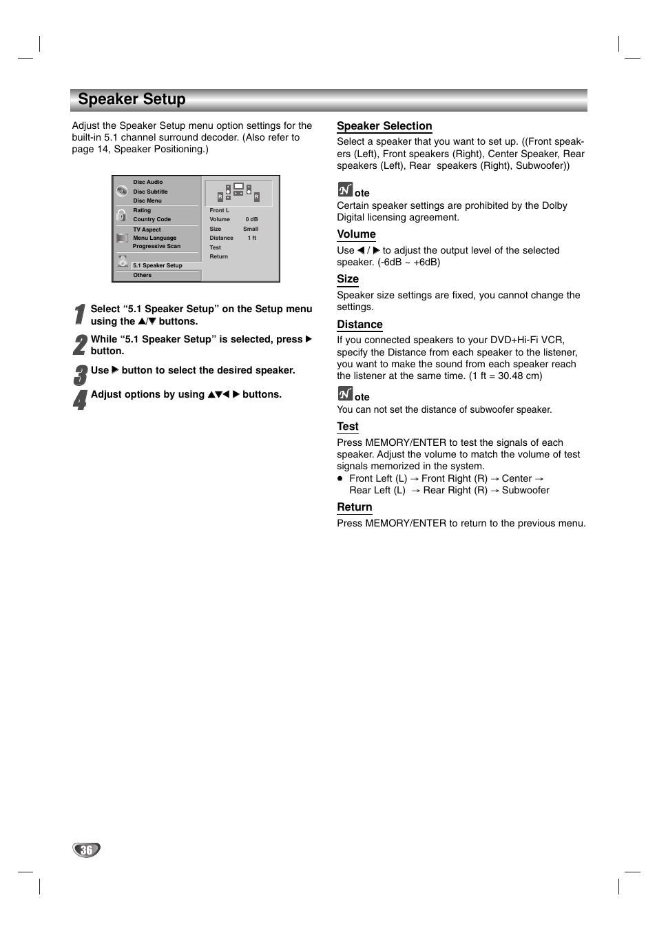 Speaker setup | Zenith XBS341 User Manual | Page 36 / 48