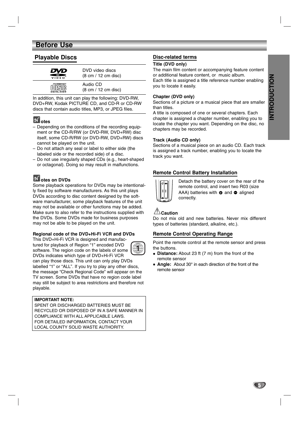 Before use, Introduction, Playable discs | Zenith XBS341 User Manual | Page 5 / 48