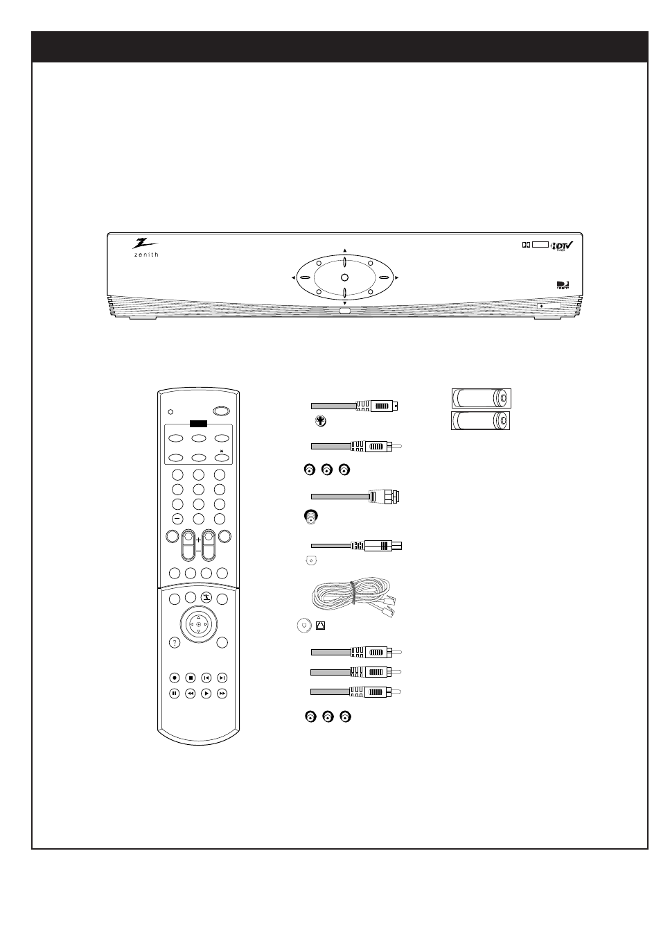 Setup and connections, 1. unpacking, Batteries remote control cables (6 items) | Zenith DTV1080 User Manual | Page 19 / 103