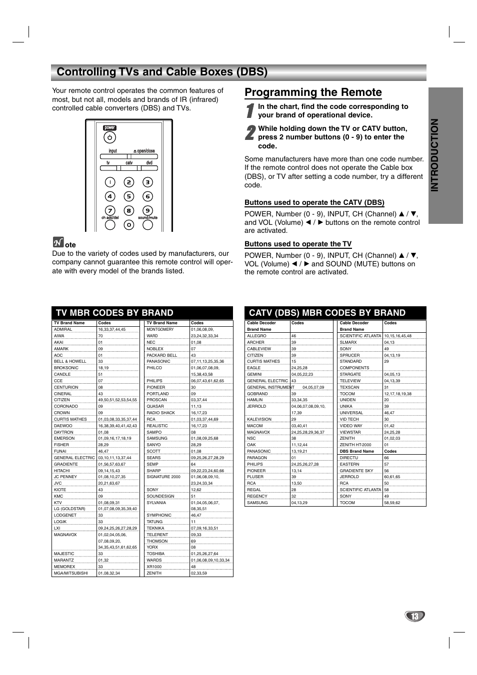 Controlling tvs and cable boxes (dbs), Programming the remote, Intr oduction | Tv mbr codes by brand, Catv (dbs) mbr codes by brand | Zenith DVR313 User Manual | Page 13 / 52