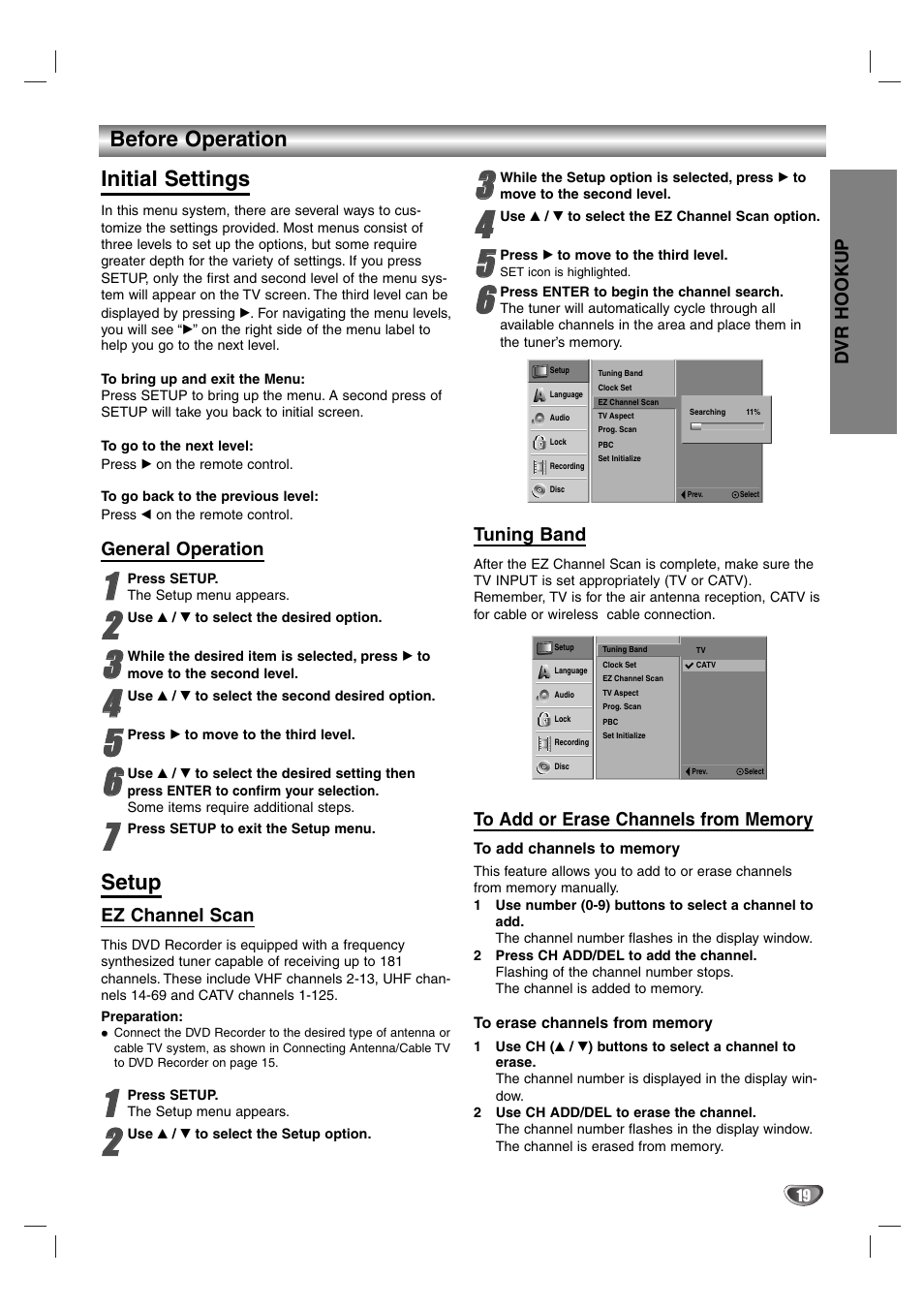 Before operation initial settings, Setup | Zenith DVR313 User Manual | Page 19 / 52