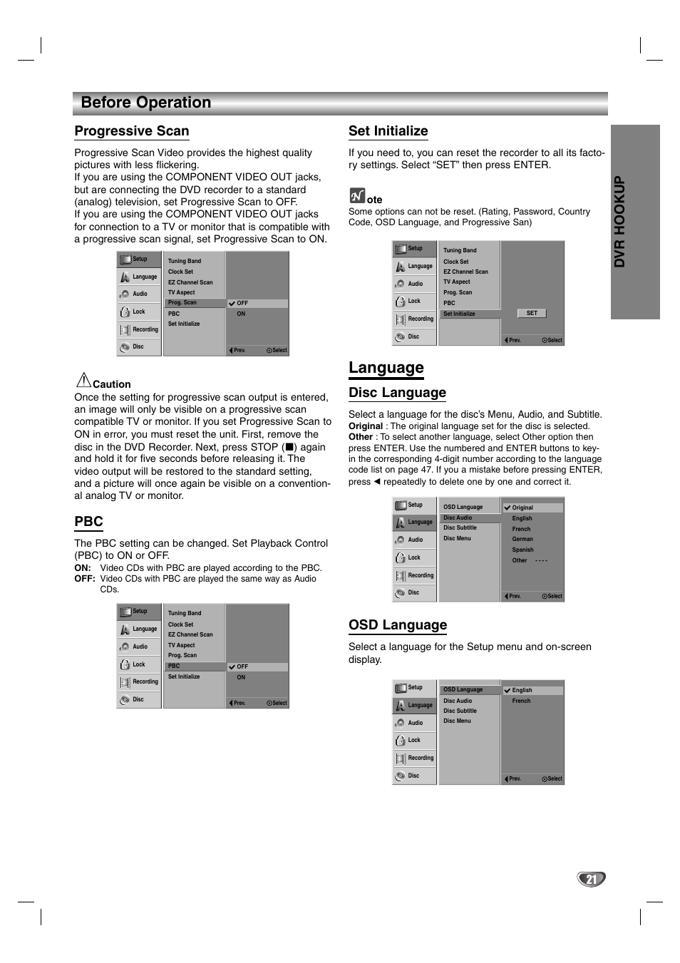 Before operation, Language, Dvr hookup | Progressive scan, Set initialize, Disc language, Osd language | Zenith DVR313 User Manual | Page 21 / 52