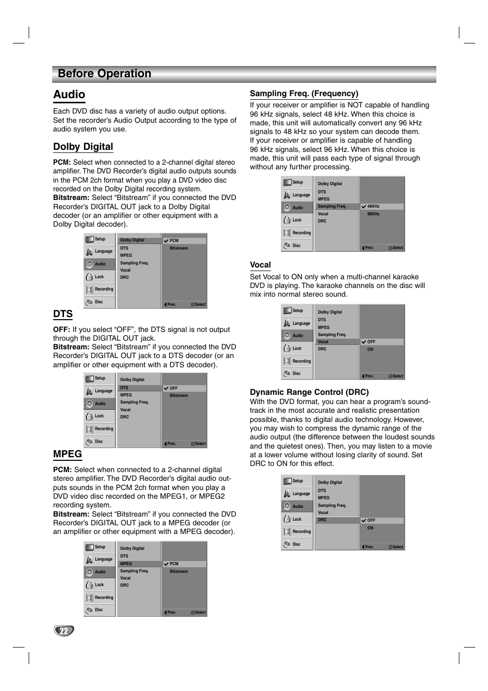 Before operation audio, Dolby digital, Mpeg | Sampling freq. (frequency), Vocal, Dynamic range control (drc) | Zenith DVR313 User Manual | Page 22 / 52