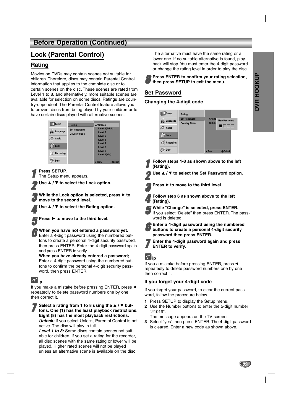 Before operation (continued), Lock (parental control) | Zenith DVR313 User Manual | Page 23 / 52