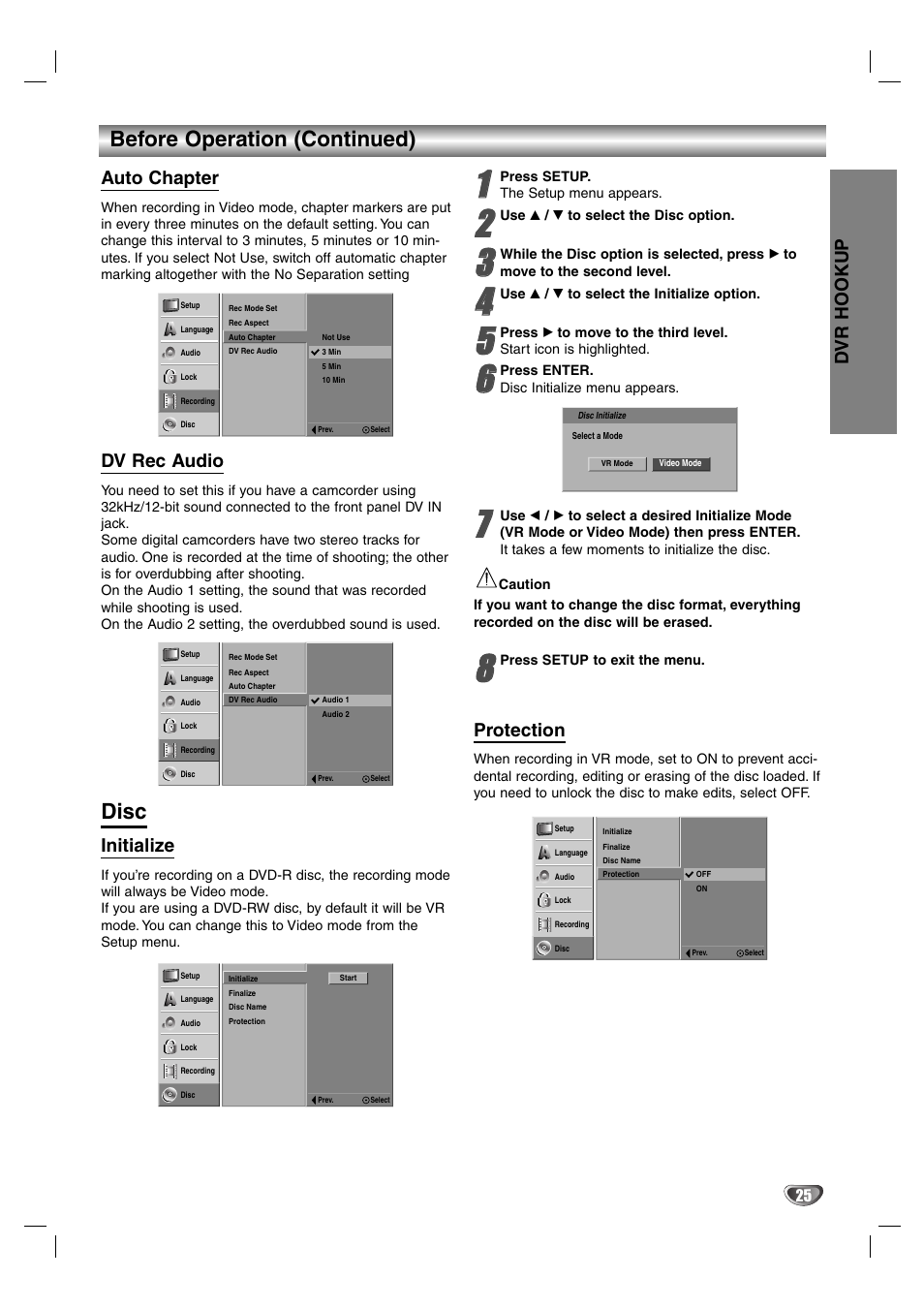 Before operation (continued), Disc, Auto chapter | Dv rec audio, Initialize, Protection, Dvr hookup | Zenith DVR313 User Manual | Page 25 / 52