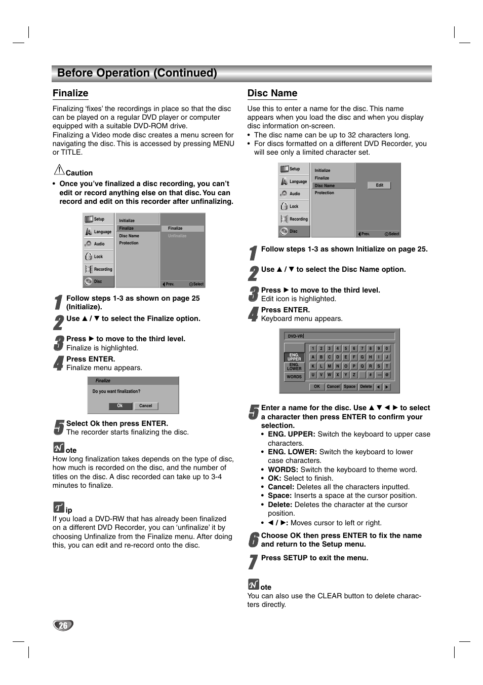 Before operation (continued), Finalize, Disc name | Zenith DVR313 User Manual | Page 26 / 52