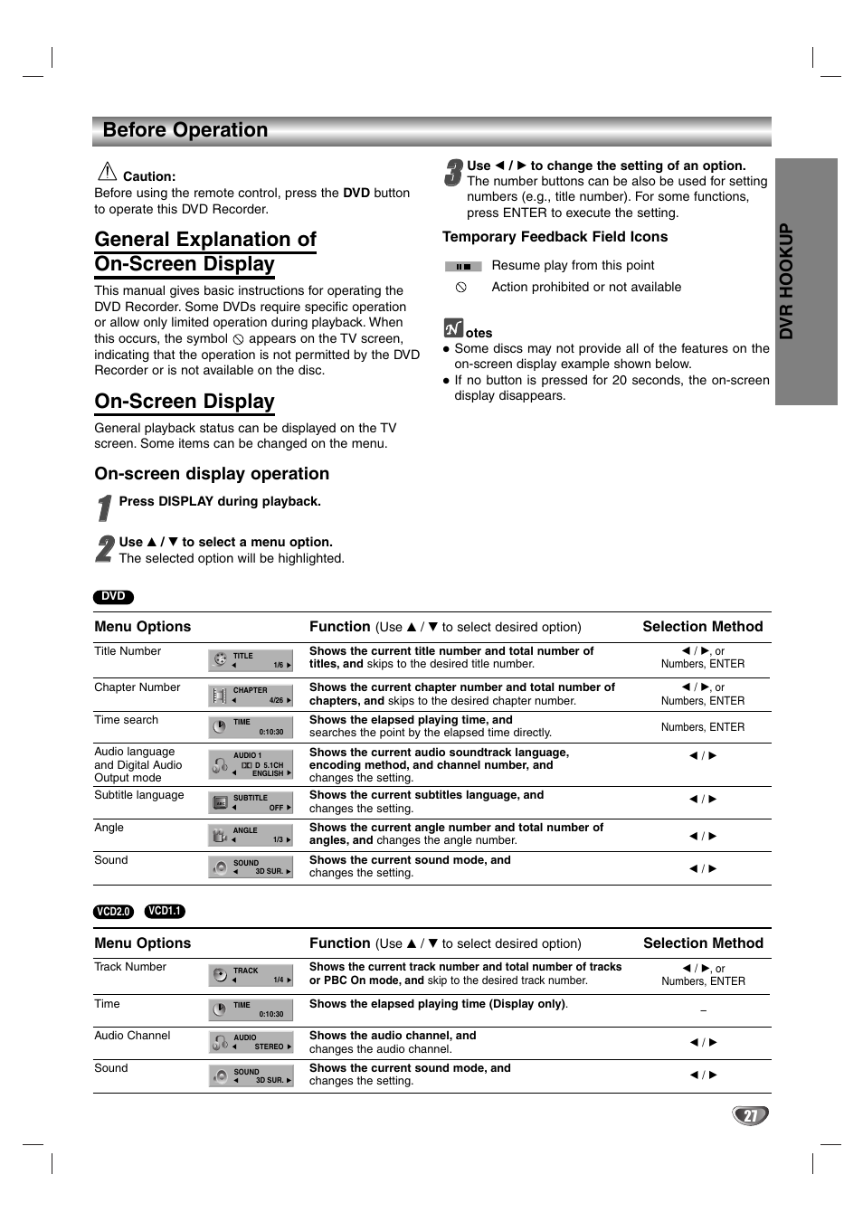 Before operation, General explanation of on-screen display, On-screen display | Dvr hookup, On-screen display operation | Zenith DVR313 User Manual | Page 27 / 52