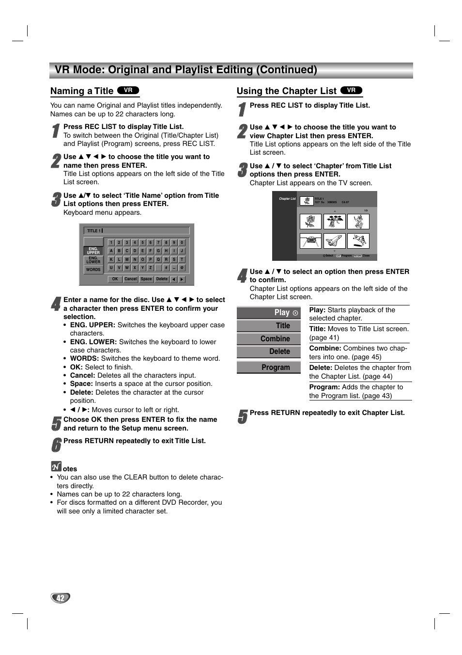 Vr mode: original and playlist editing (continued), Naming a title, Using the chapter list | Zenith DVR313 User Manual | Page 42 / 52