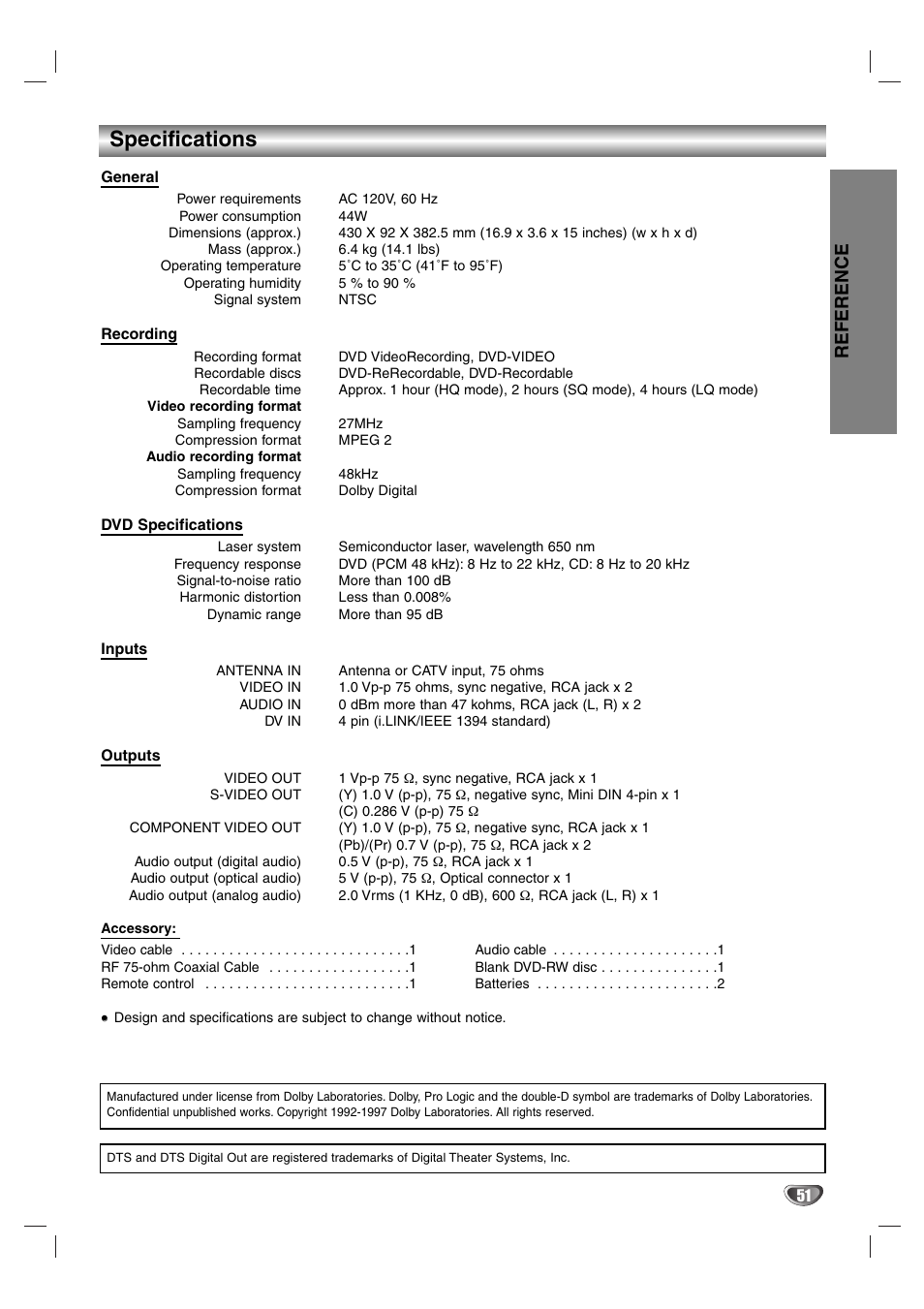 Specifications, Reference | Zenith DVR313 User Manual | Page 51 / 52