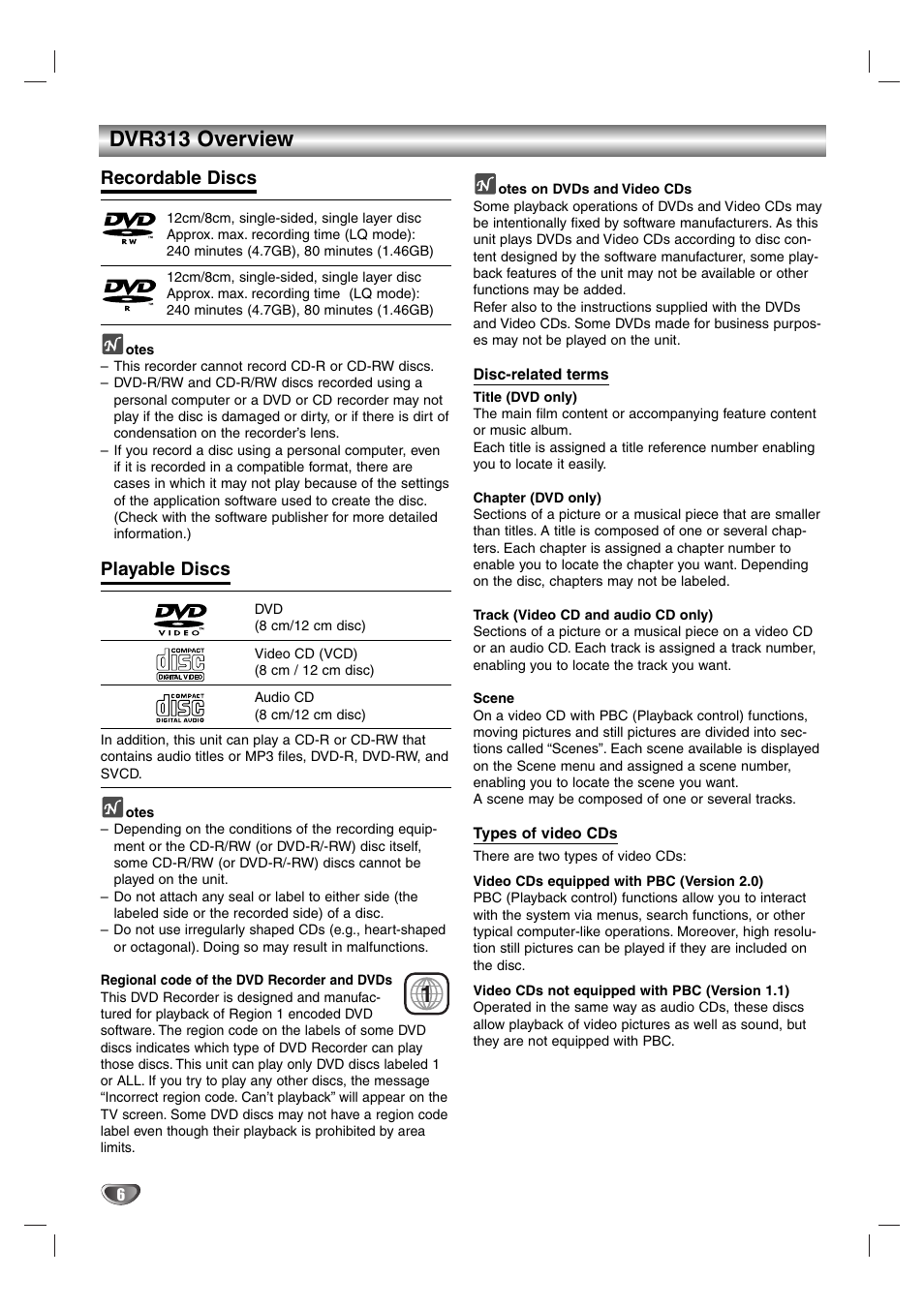 Dvr313 overview, Recordable discs, Playable discs | Zenith DVR313 User Manual | Page 6 / 52