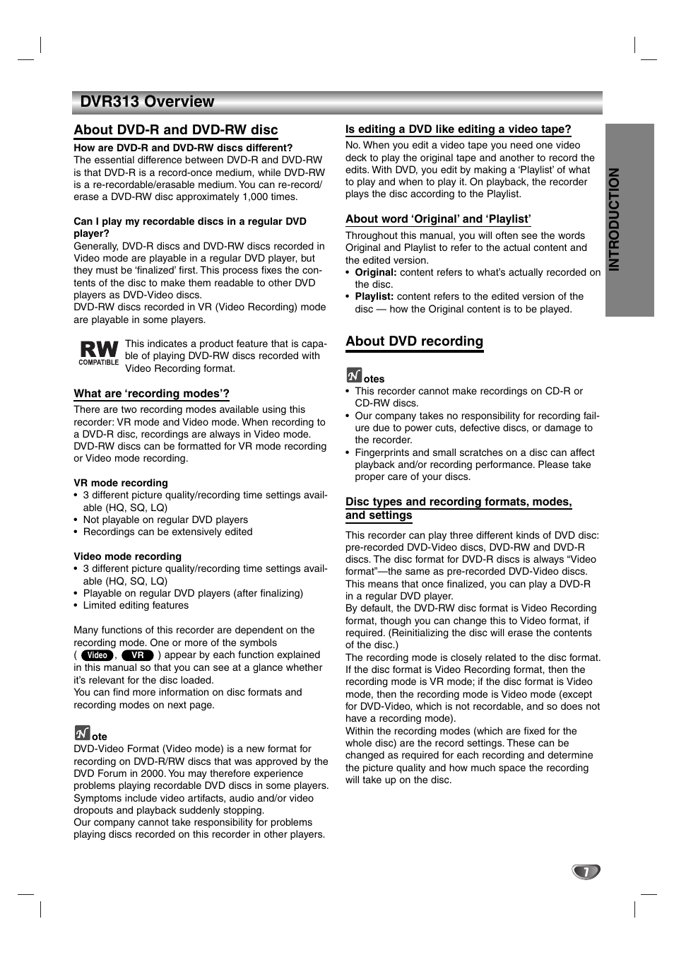 Dvr313 overview, Intr oduction, About dvd-r and dvd-rw disc | About dvd recording | Zenith DVR313 User Manual | Page 7 / 52