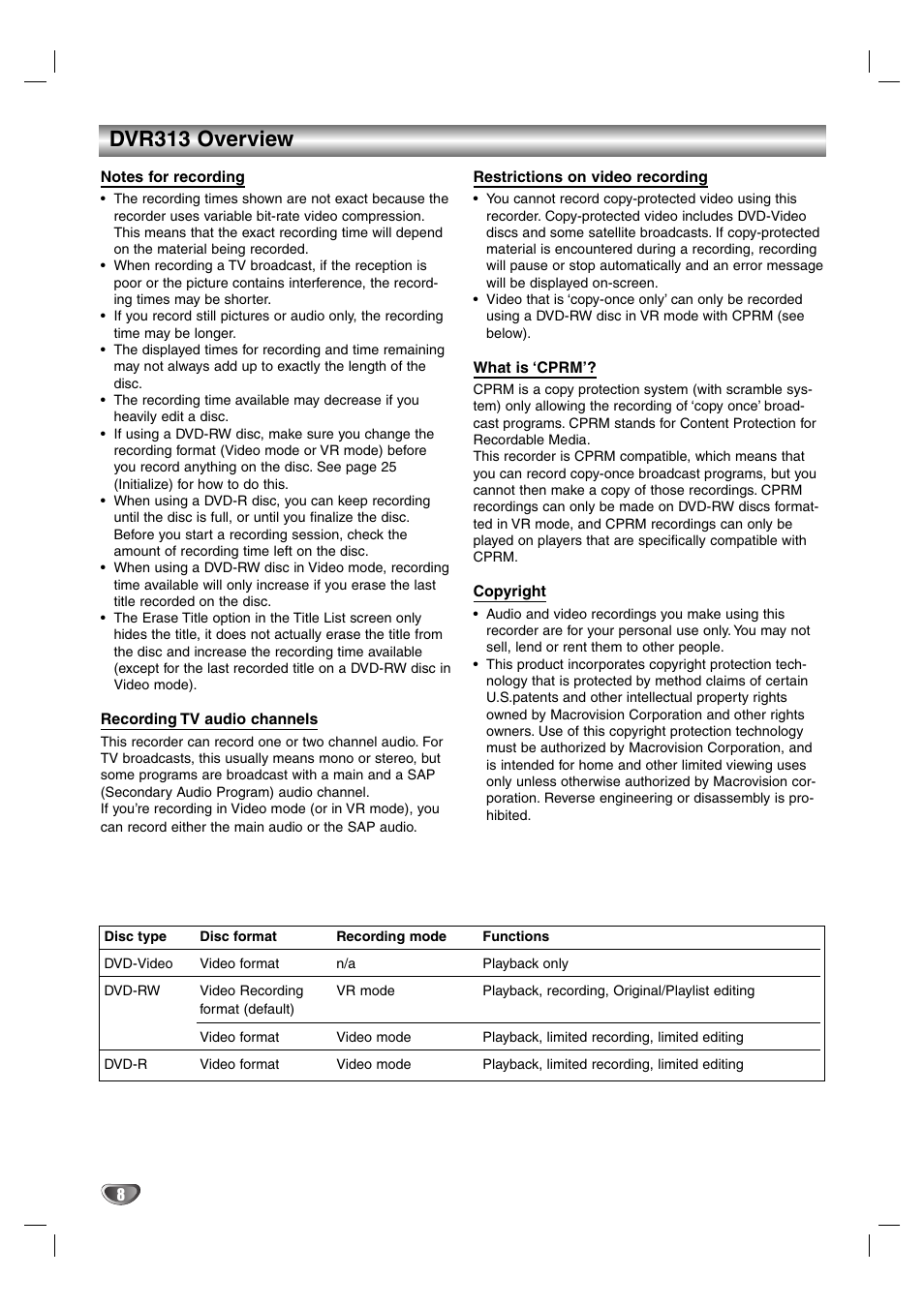 Dvr313 overview | Zenith DVR313 User Manual | Page 8 / 52