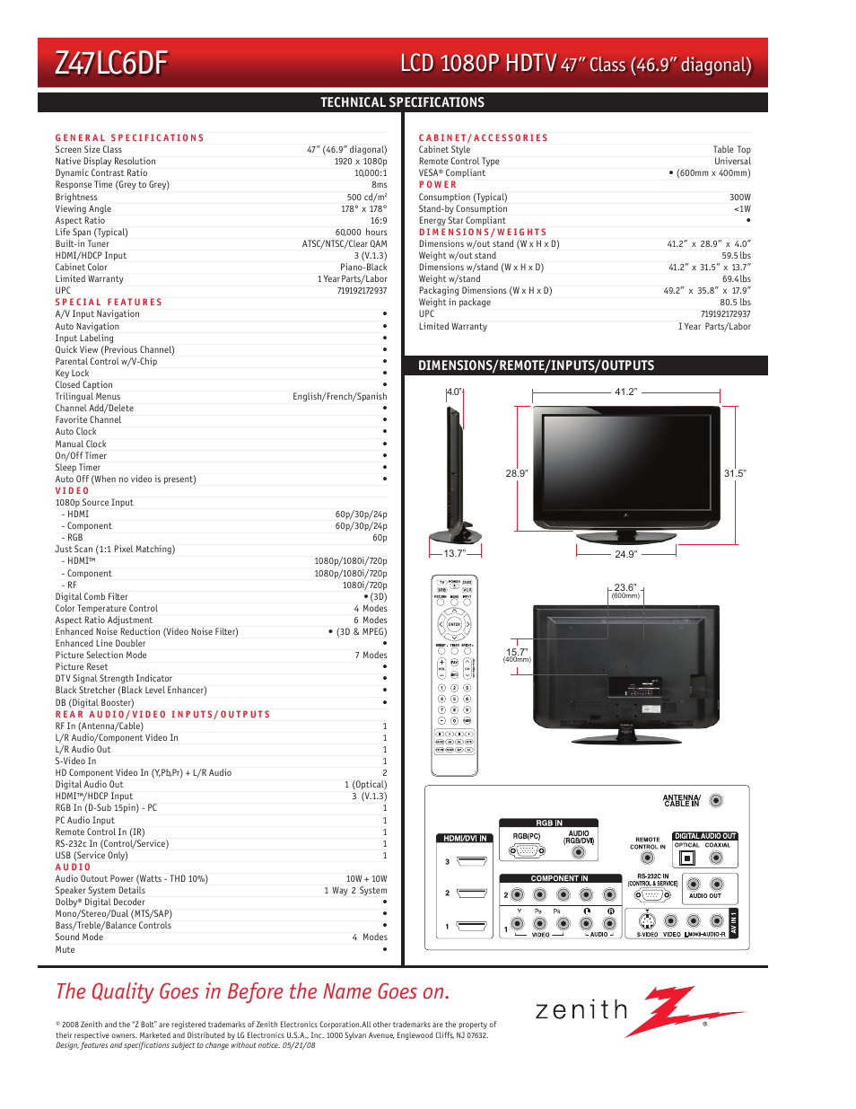 Z47lc6df, Lcd 1080p hdtv, The quality goes in before the name goes on | Zenith Z47LC6DF User Manual | Page 2 / 2