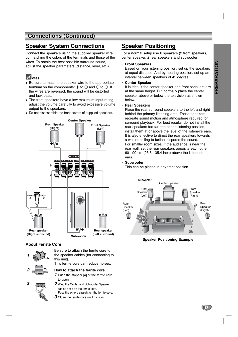 Connections (continued) speaker system connections, Speaker positioning, Prep ara tion | Zenith XBS344 User Manual | Page 13 / 48