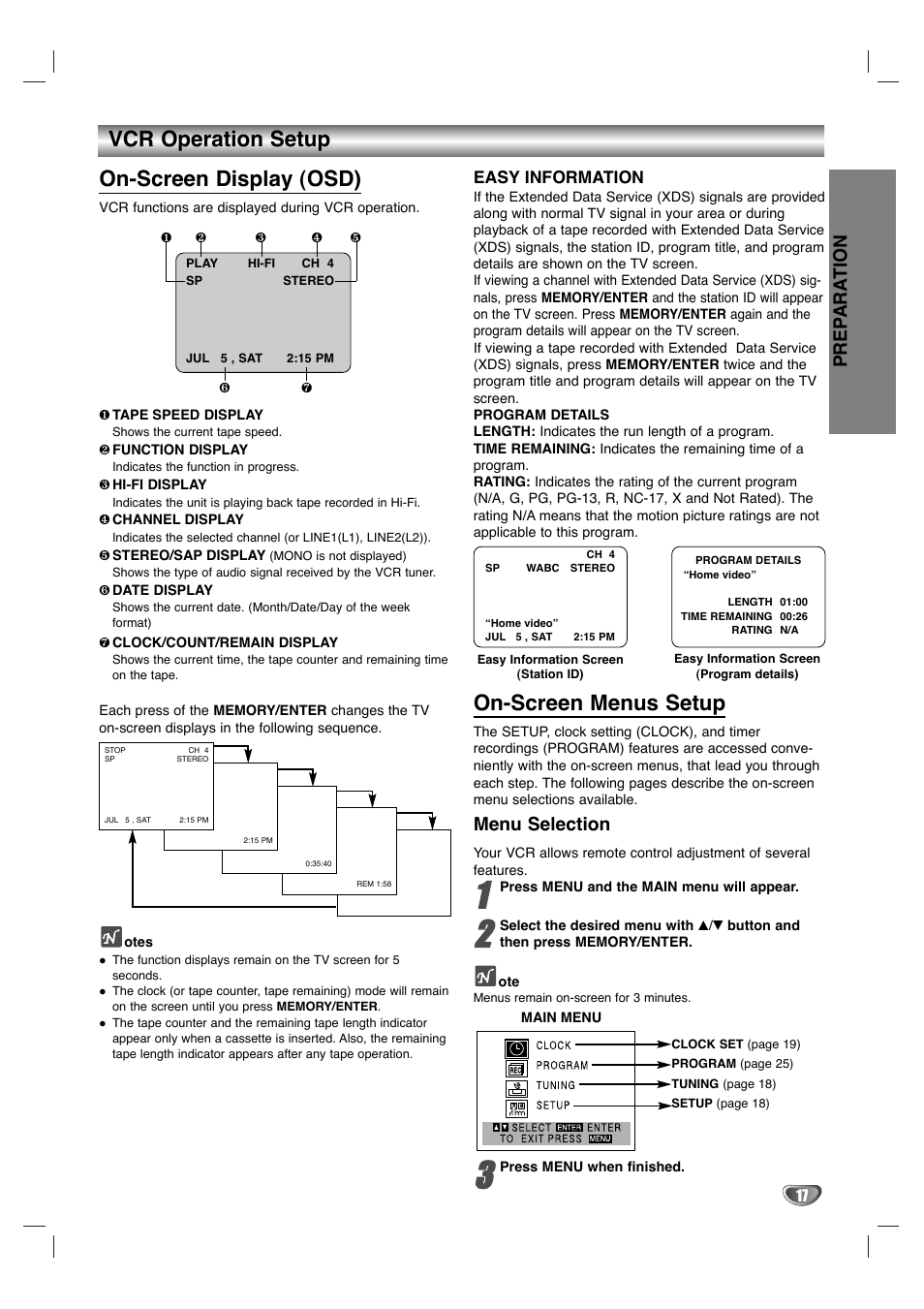 Vcr operation setup on-screen display (osd), On-screen menus setup, Prep ara tion | Menu selection | Zenith XBS344 User Manual | Page 17 / 48