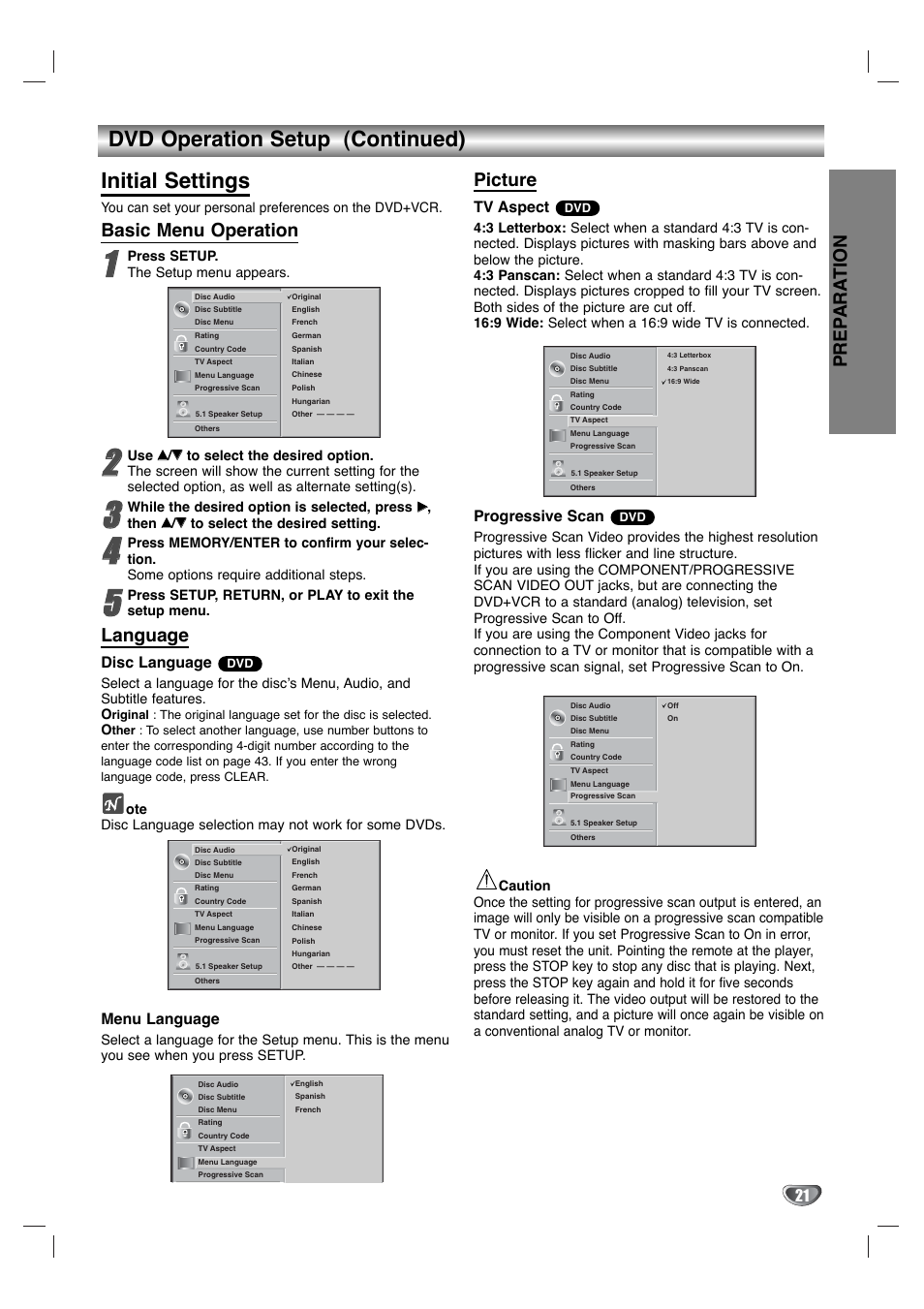 Dvd operation setup (continued) initial settings, Prep ara tion, Basic menu operation | Language, Picture, Disc language, Menu language, Tv aspect, Progressive scan | Zenith XBS344 User Manual | Page 21 / 48