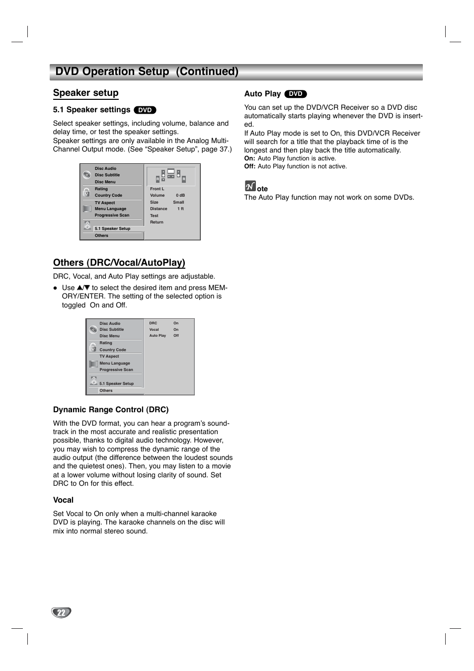 Dvd operation setup (continued), Speaker setup, Others (drc/vocal/autoplay) | 1 speaker settings, Dynamic range control (drc), Vocal, Auto play | Zenith XBS344 User Manual | Page 22 / 48