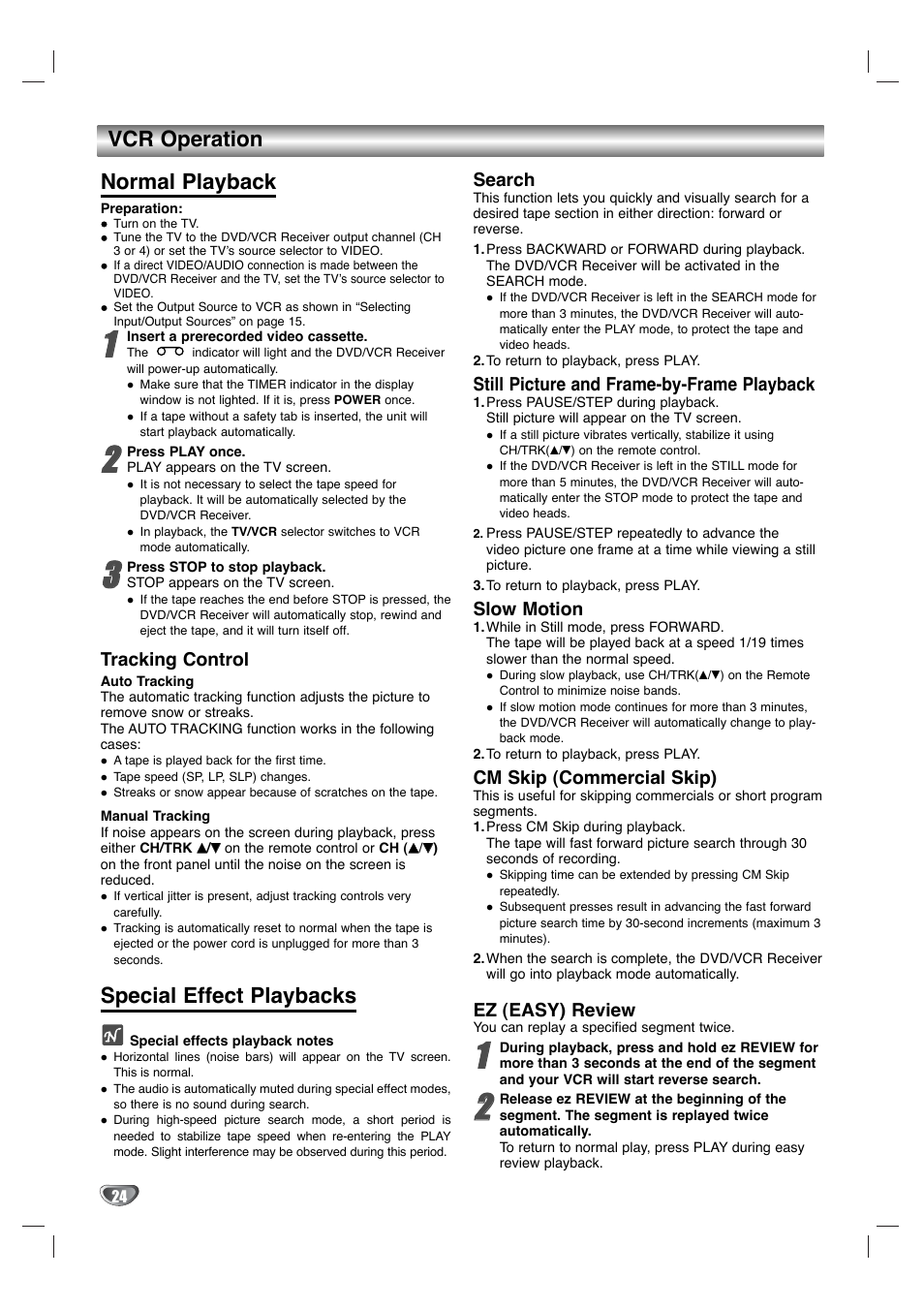 Vcr operation normal playback, Special effect playbacks | Zenith XBS344 User Manual | Page 24 / 48