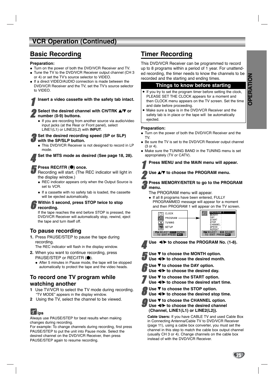 Vcr operation (continued) basic recording, Timer recording | Zenith XBS344 User Manual | Page 25 / 48