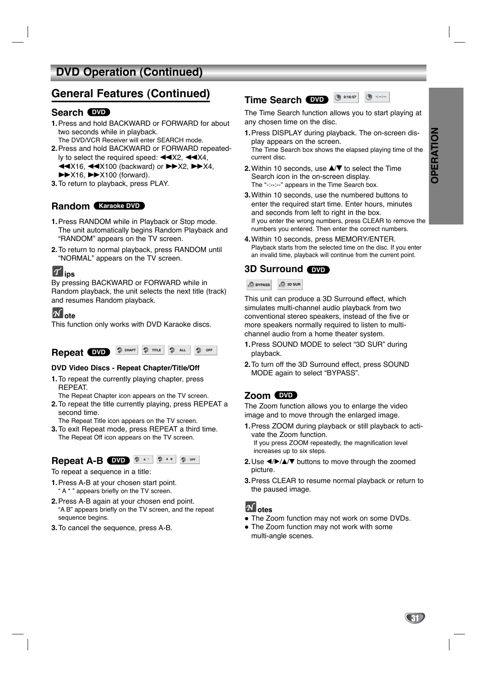 Opera tion, Search, Random | Repeat, Repeat a-b, Time search, 3d surround, Zoom | Zenith XBS344 User Manual | Page 31 / 48